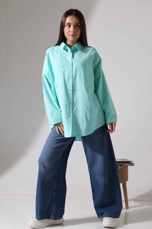 Oversize Turkuaz Poplin Gömlek