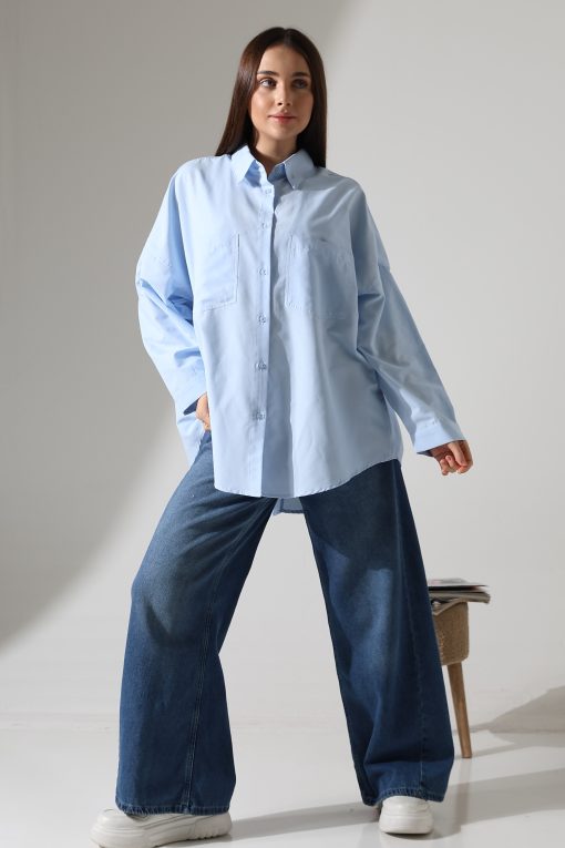 Oversize Mavi Poplin Gömlek