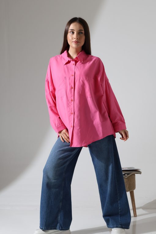Oversize Fuşya Poplin Gömlek
